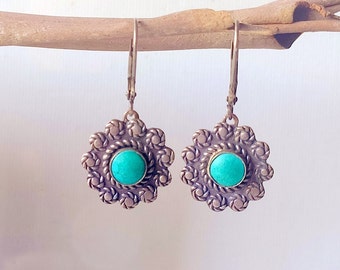 Sterling Silver Turquoise Earrings Lever Backs Vintage 925 Southwestern Dangle Earrings, Green/Blue Turquoise Jewelry Navajo 925 Turquoise