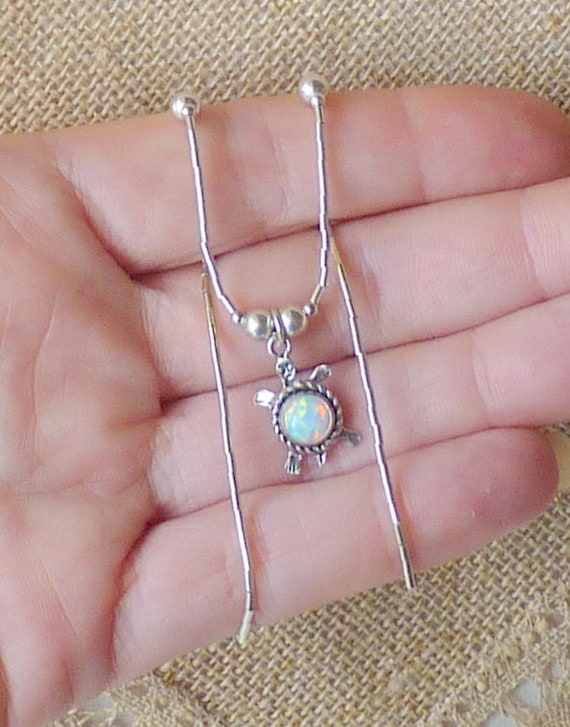 Liquid Silver Opal Turtle Necklace Vintage Sterli… - image 4