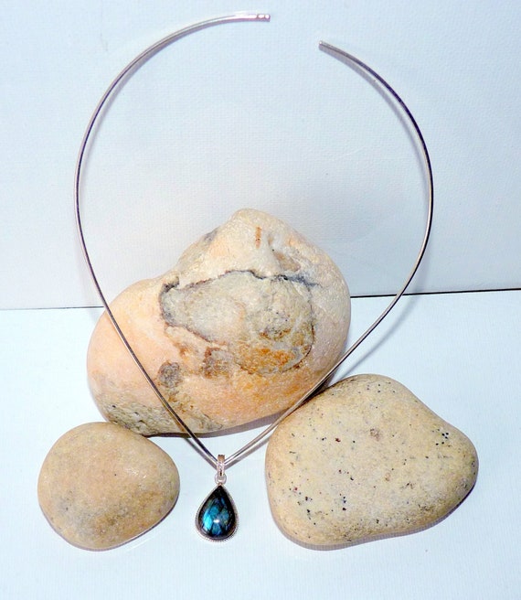 Sterling Silver  Chocker Necklace 925 Contoured Collar 925 Romantic Labradorite Pendant Black Gemstone 925 Slider Labradorite Jewelry 925