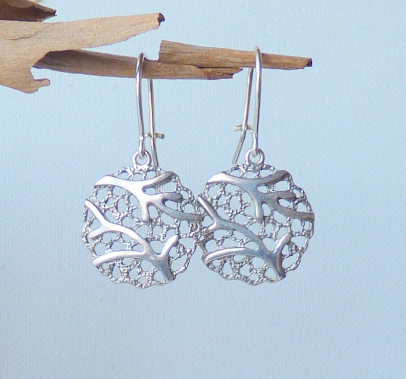 Sterling Silver Filigree Dangle Earrings 925 Modern Branch Pattern Silver Shield Earrings 925 Silver Dangle Sterling Pierced Earrings 925