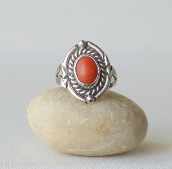 Vintage Sterling Silver Coral Ring, Red Genuine C… - image 1