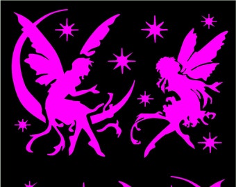 Fairy Vinyl Decal Fairies Pixies Set of Two Mirrored Image Decals Moon Stars Window Sticker