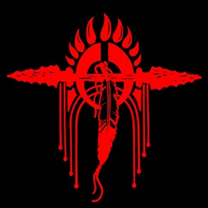 May include: Red and black Native American dreamcatcher with a feather hanging from the center. The dreamcatcher is surrounded by a circle of flames.