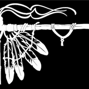 May include: A white silhouette of a peace pipe with feathers on a black background.