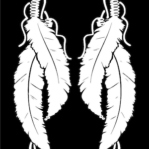 May include: Two white feathers with a decorative knot at the top, tied together with a string. The feathers are arranged symmetrically, with the tips pointing outwards.