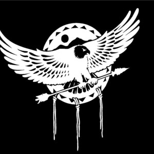 May include: A white silhouette of an eagle with wings spread wide, holding an arrow in its talons. The eagle is perched on a circular shield with a geometric pattern. The shield has a fringe of tassels hanging from the bottom.