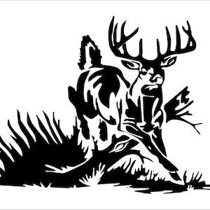 May include: Black and white silhouette of a buck deer with large antlers standing in tall grass.