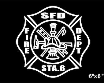 Firemen Decal Station Maltese Cross Vinyl Firefighter Custom Personalized Sticker