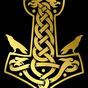 May include: A gold Mjolnir, the Norse god Thor's hammer, with intricate knotwork and two ravens on the sides.