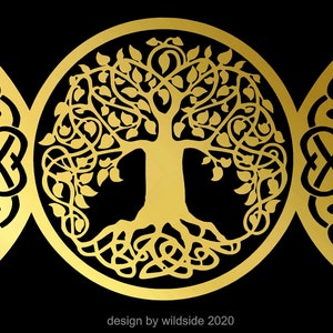 May include: A gold triple moon symbol with a tree of life design in the center. The symbol is on a black background.