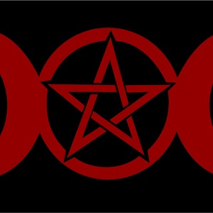 May include: A red pentagram with a triple moon symbol on a black background.