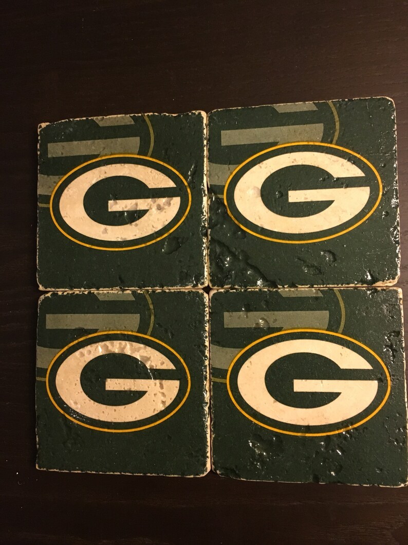 Packers Stone Coasters set of 4 ~ Natural Stone Coasters ~ Football Coasters ~ Fall Gift ~ Host Gift