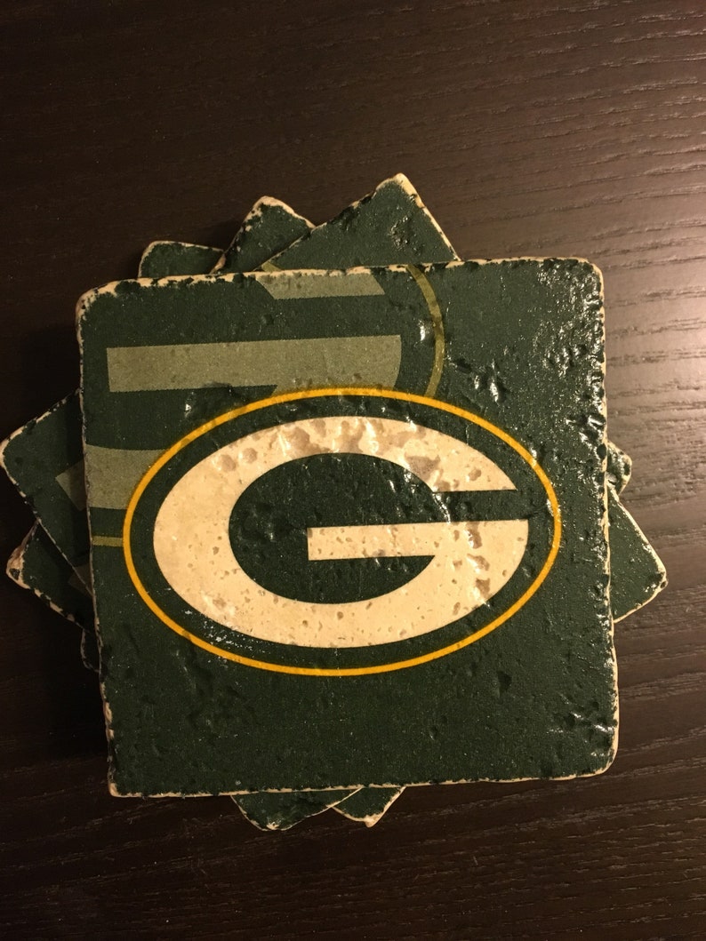 Packers Stone Coasters set of 4 ~ Natural Stone Coasters ~ Football Coasters ~ Fall Gift ~ Host Gift
