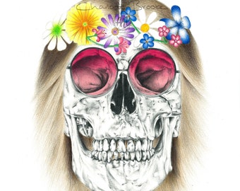 1960s Hippie Skull Pencil Portrait Drawing Print