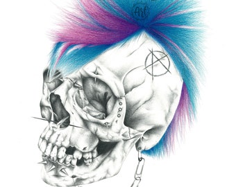 1970s Punk Skull Pencil Portrait Drawing Print