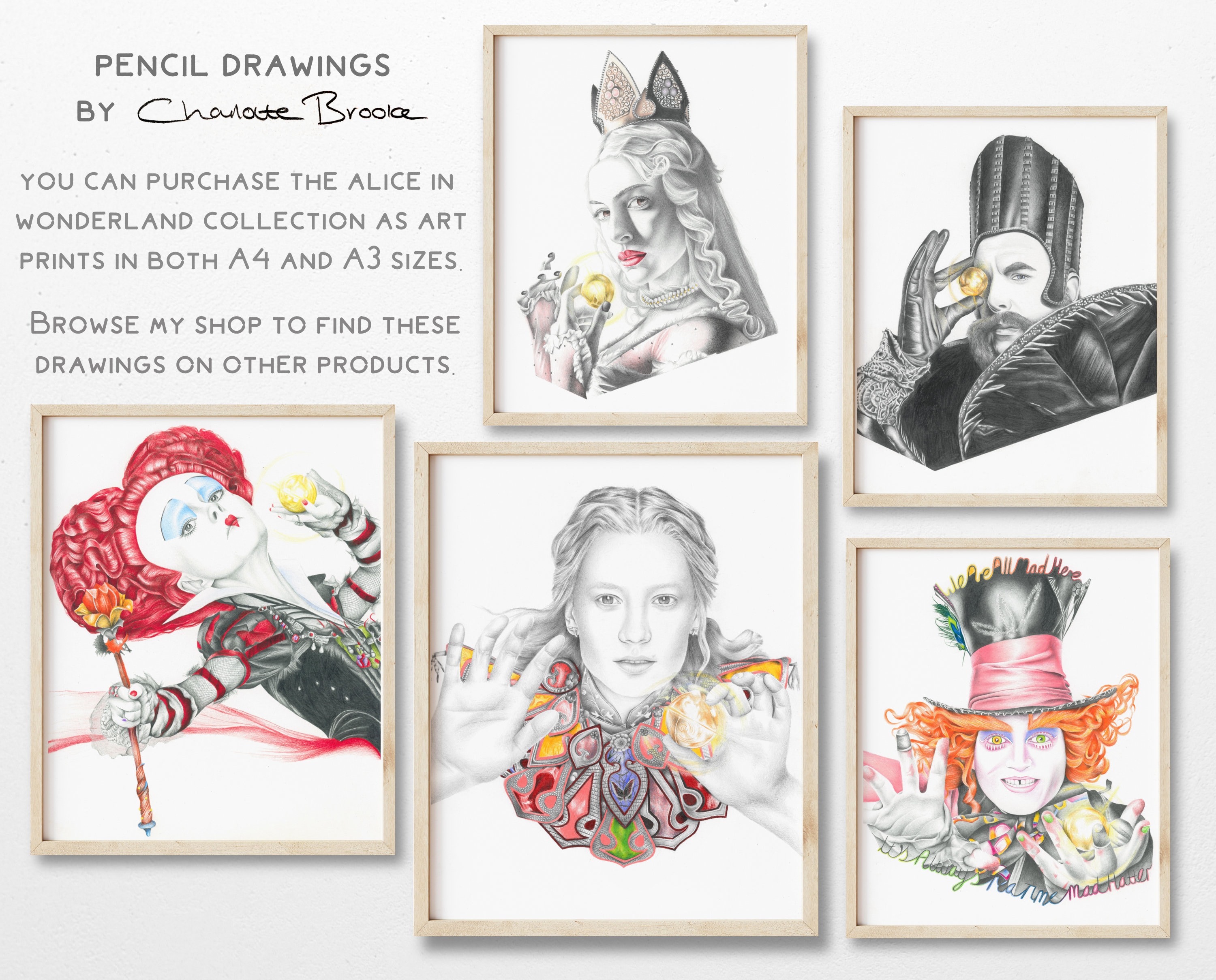 【ALICE IN WONDERLAND】手描き イラスト アート Alice in Wonderland Collection Pencil Portrait Drawing Prints - Etsy