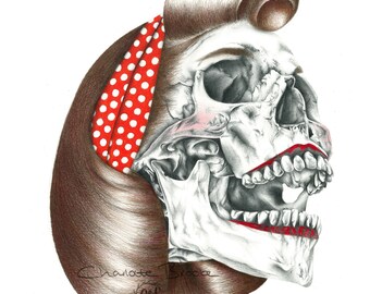 1950s Pin-Up Girl Skull Pencil Portrait Drawing Print