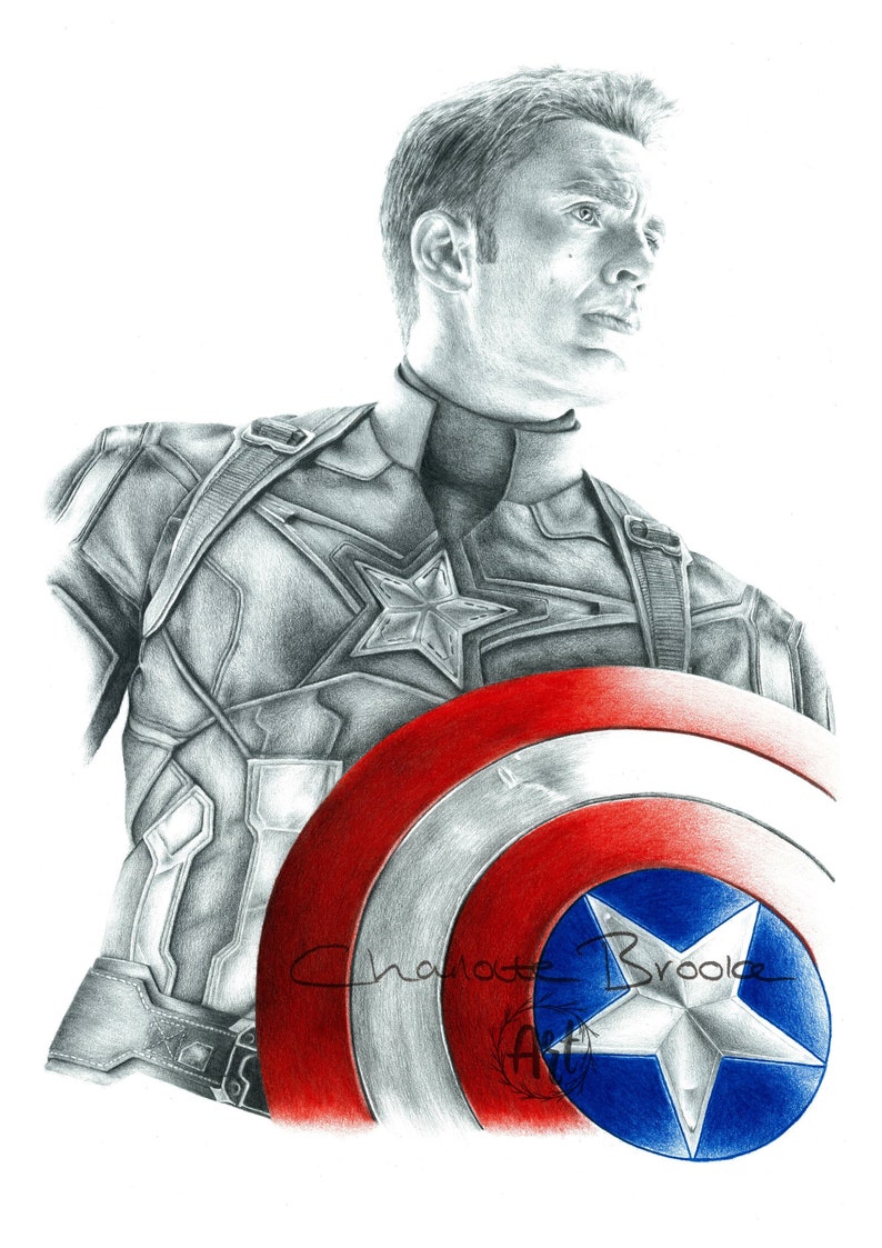 Captain america pencil portrait drawing print