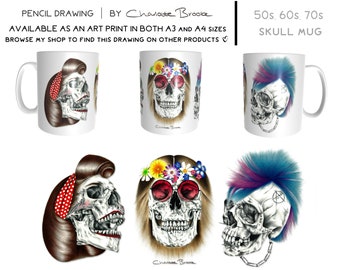 Skull Mug basé sur les années 1950, 60 et 70 - Pencil Portrait Drawing Art Print