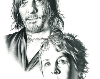 Daryl and Carol - The Walking Dead Pencil Portrait Drawing Print