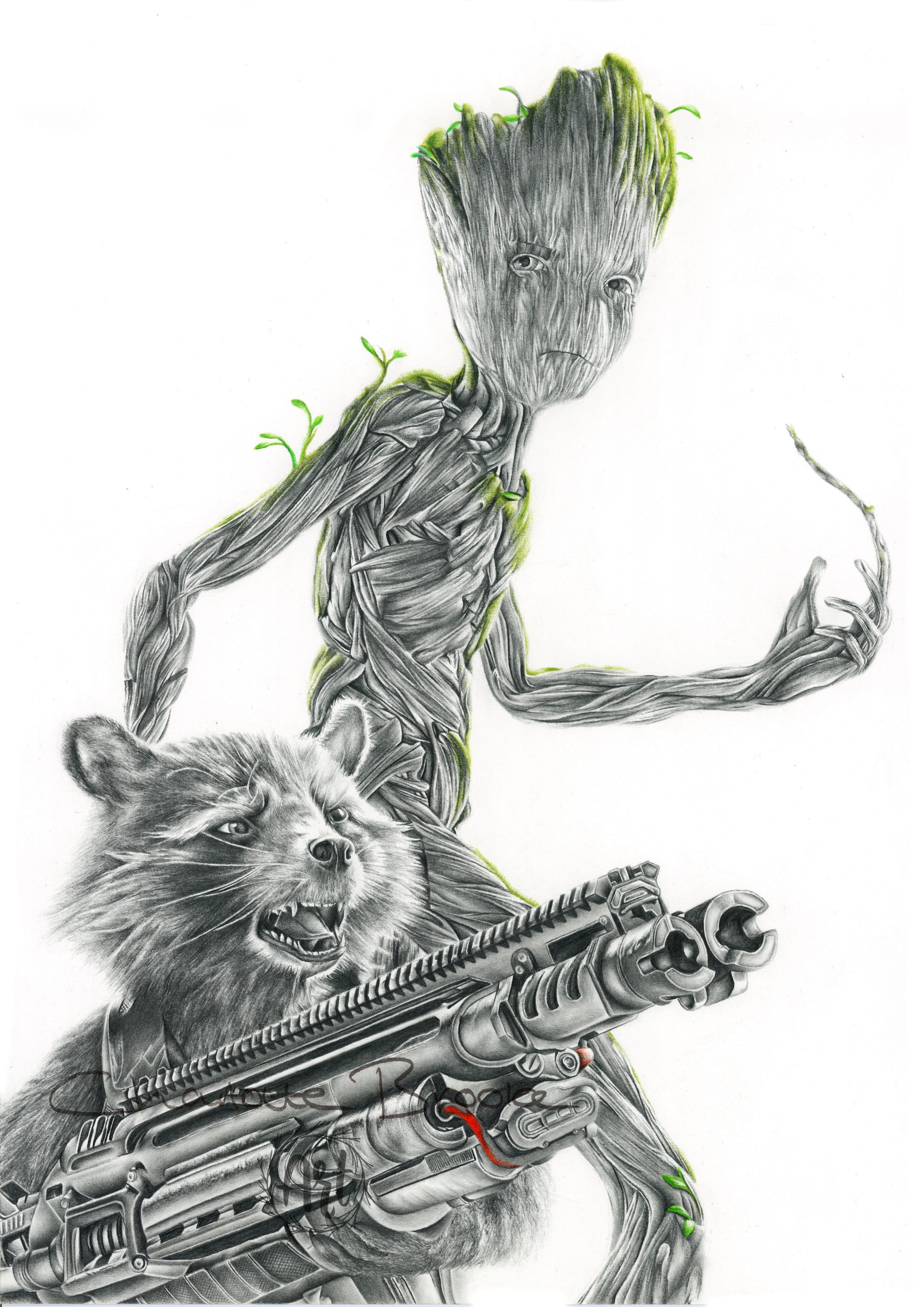 Rocket Raccoon Et Teen Groot Crayon Portrait Dessin Imprimer Etsy