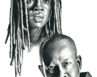 Michonne and Morgan - The Walking Dead Pencil Portrait Drawing Print