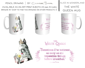 The White Queen: Alice in Wonderland Mug - Pencil Portrait Drawing Art Print