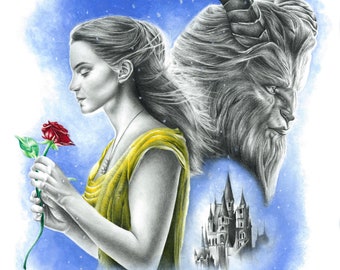 Beauty and the Beast Pencil Portrait Drawing Print