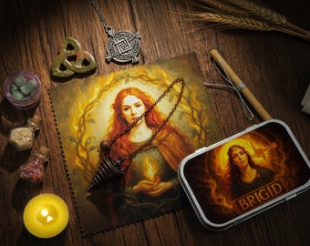 Kit de altar de Brigid / Inspiración para manualidades de la Diosa del Fuego portátil / Péndulo de cristales para santuario de viaje pagano celta