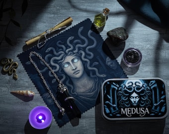 Medusa Altar Tin: Portable Shrine with Crystals, Serpent Statue & Invocation Scroll