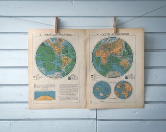 1941 Vintage World Hemispheres Map