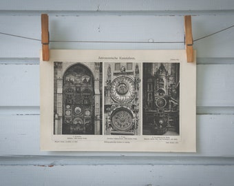 1907 Vintage Astronomical Clocks Lithograph Illustration