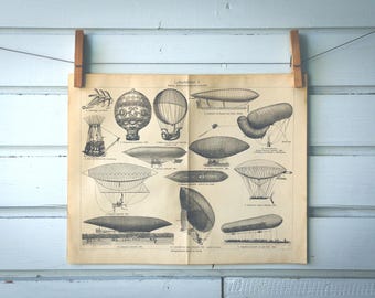 1909 Vintage Balloons & Dirigibles Lithograph Illustration