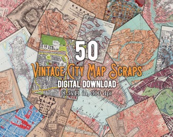 50 Vintage City Map Scraps for Travel Journals & Scrapbooking - Digital Download