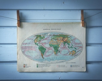 1943 Vintage World Map of Vegetation & Ocean Currents