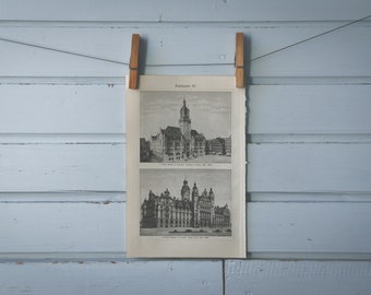 1892 Vintage Town Hall Lithograph Illustration