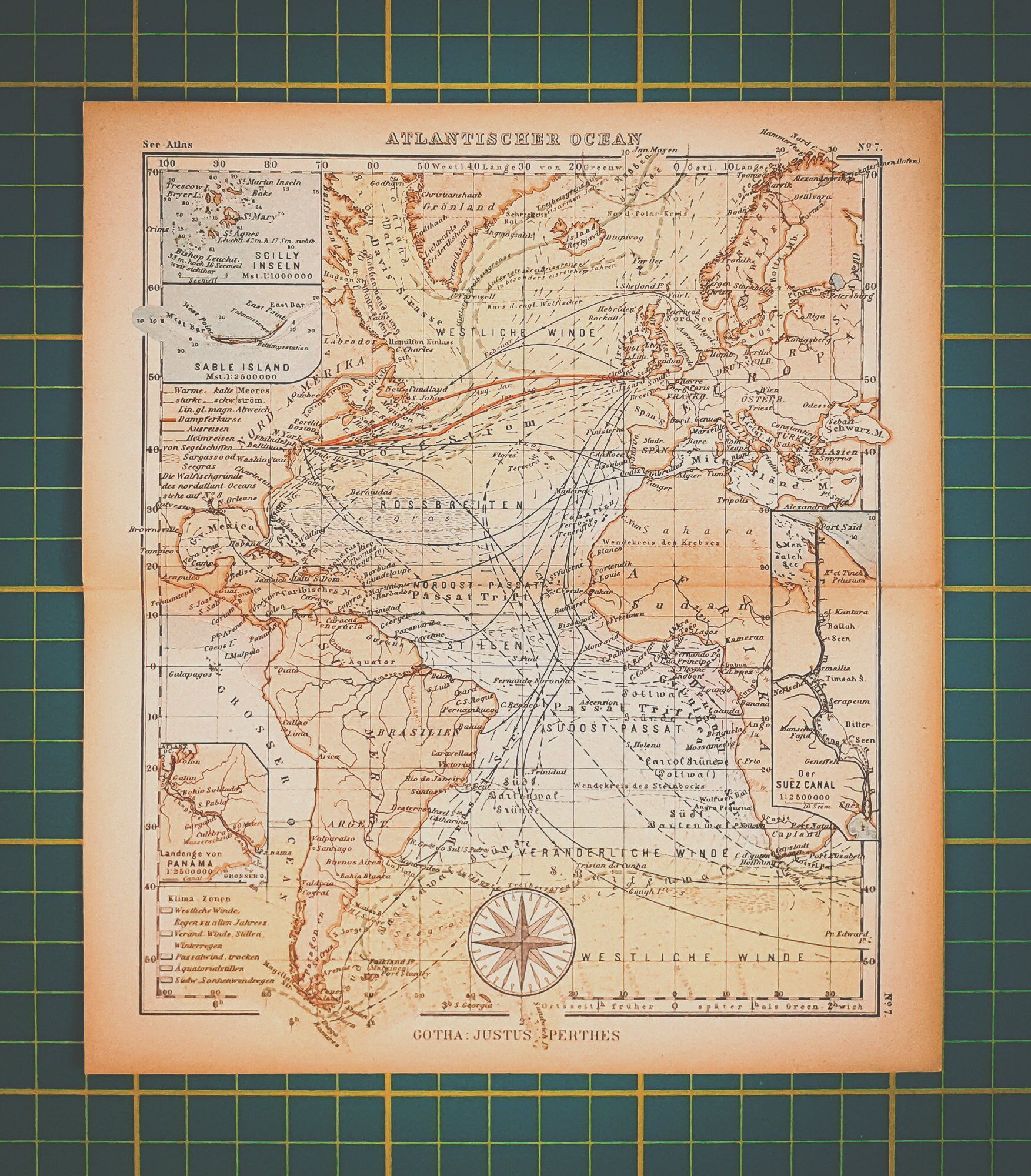 1925 Vintage Map of the Atlantic Ocean