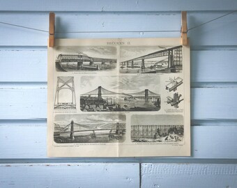 1882 Vintage Bridges Lithograph Illustration