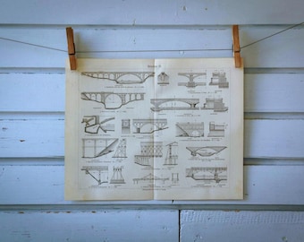 1907 Vintage Bridges Lithograph Illustration