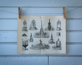 1907 Vintage Fountains Lithograph Illustration