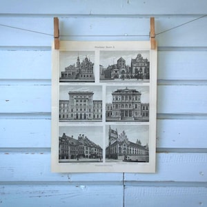 1907 Vintage Munich Buildings Lithograph Illustration
