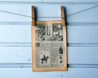 1922 Vintage Letter U Lithograph Illustration