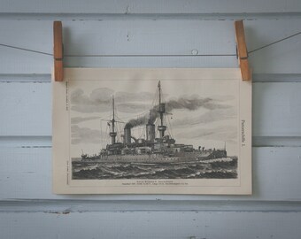 1907 Vintage Battleship SMS Kaiser Wilhelm II Lithograph Illustration