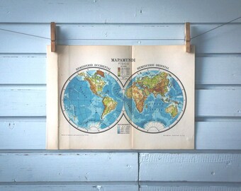 1946 Vintage World Hemispheres Map