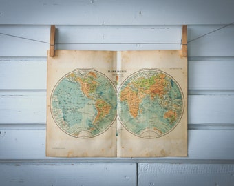 1928 Vintage World Hemispheres Map