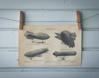1909 Vintage Dirigibles Lithograph Illustration