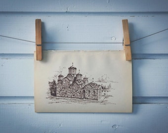 1952 Vintage Gračanica Monastery Illustration