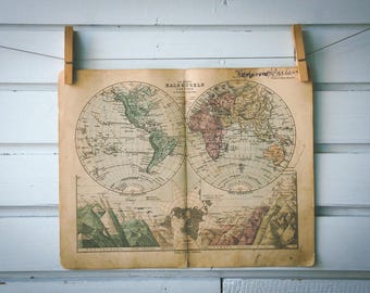 1886 Vintage World Hemispheres Map