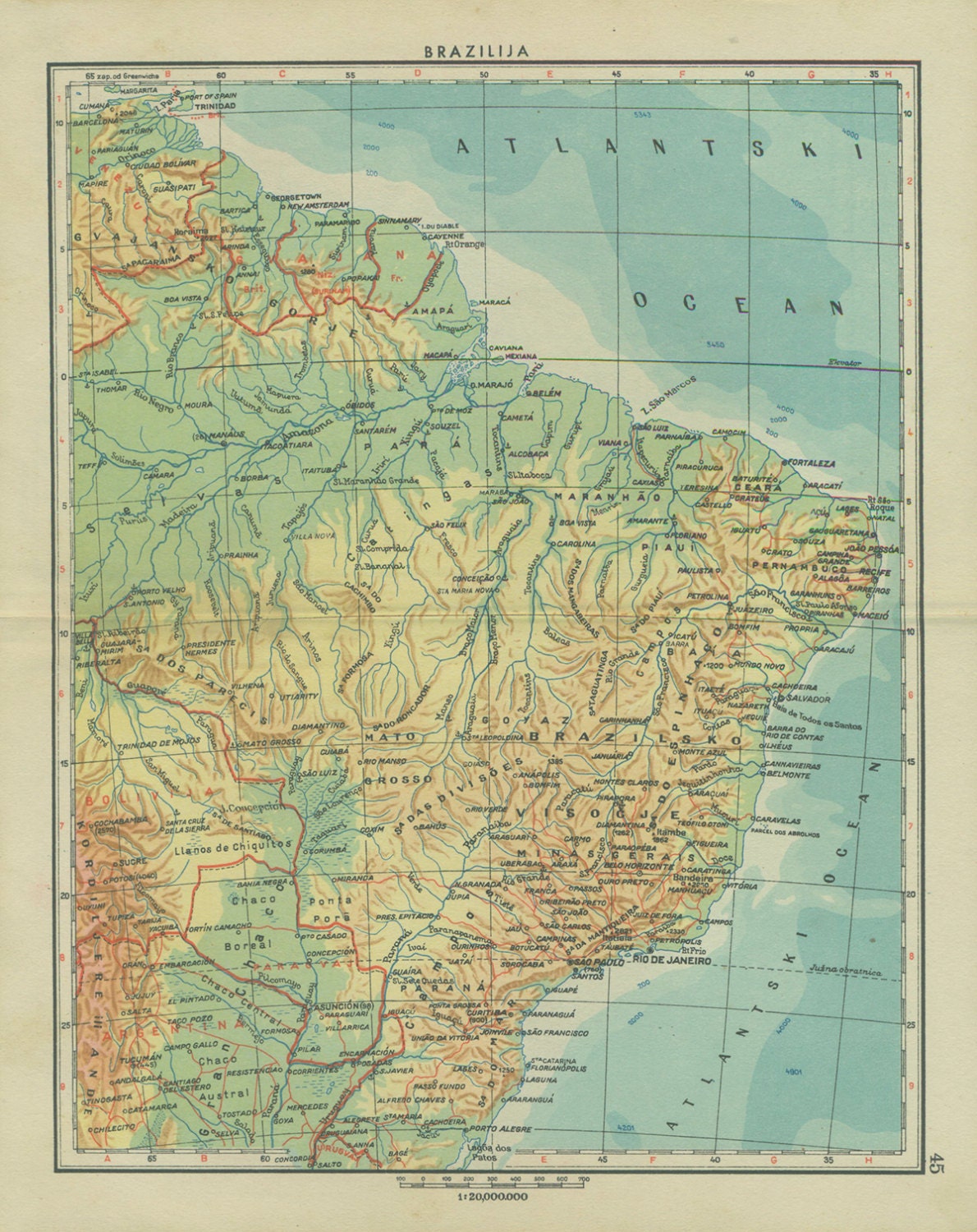 1956 Vintage Brazil Map