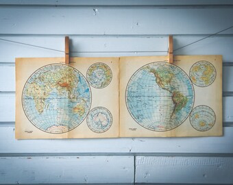 1956 Vintage World Hemispheres Map